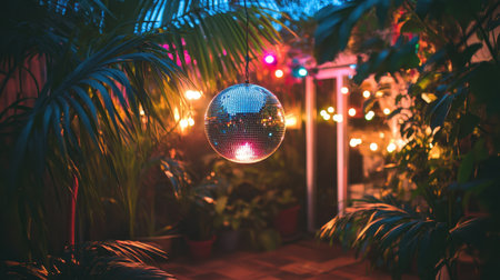 Disco party setting with mirror ball, colorful lights, and retro decor itemsの素材