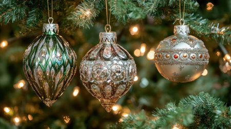 Elegant Christmas ornaments hanging from a fir tree with soft glowing lights and festive backgroundの素材