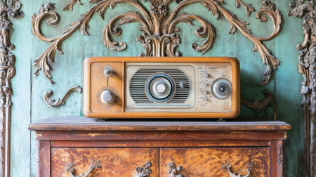 Antique radio sitting on a vintage wooden cabinet with intricate detailsの素材