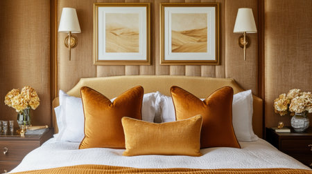 Decorative headboard wall with sconces, woven art, and matching throw pillowsの素材