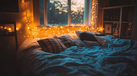 Bed with holiday bedding, plaid pillows, and string lights framing the headboardの素材