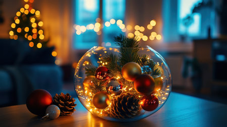 Glass bowl filled with Christmas baubles, pinecones, and tiny LED lights on a coffee tableの素材