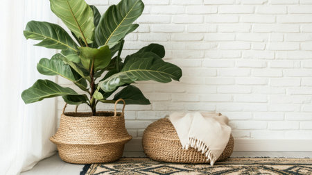 Indoor tree with broad leaves beside a woven rug and white brick wallの素材