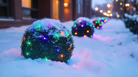 Outdoor scene with snow-covered bushes wrapped in colorful string lightsの素材