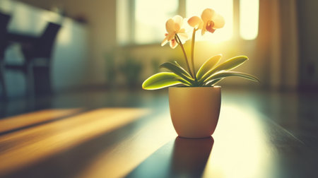 Modern living room with neutral tones, clean lines, and a single potted plant on a sleek coffee tableの素材