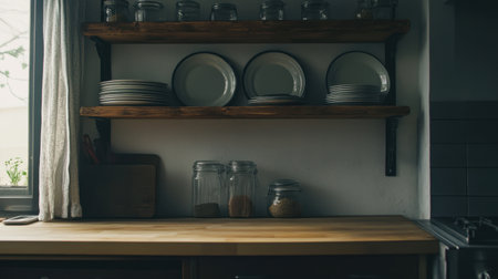 Minimal kitchen shelving with only three matching plates and one glass jarの素材