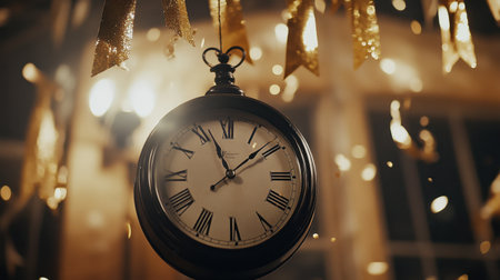 New Years Eve decor with clock-themed elements, black and gold confetti, and bannersの素材