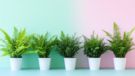 Lush green indoor ferns in white pots lined up against a pastel-colored wallの素材