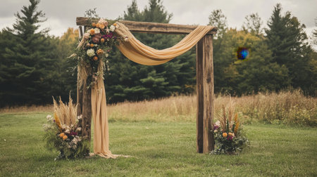 Rustic wedding ceremony arch decorated with flowing fabric and floral arrangementsの素材