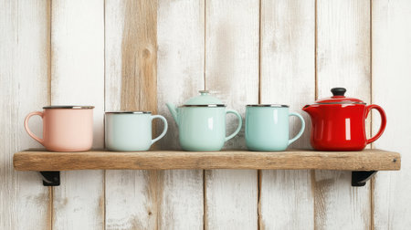 Retro kitchenware, including a vintage teapot and enamel mugs on a rustic wooden shelfの素材