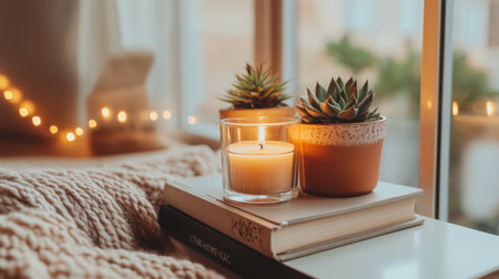 Shelf with tiny potted succulents arranged beside decorative books and candlesの素材
