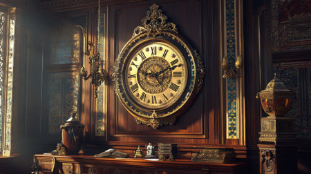 Retro wall clock with ornate brass detailing hanging above a vintage wooden consoleの素材