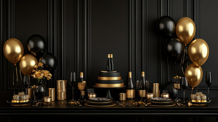 Stylish black and gold themed party room with elegant tableware and balloonsの素材
