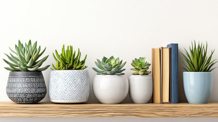 Shelf with tiny potted succulents arranged beside decorative books and candlesの素材