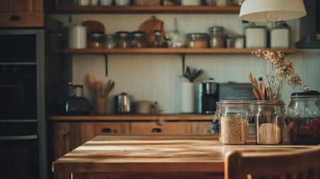 Rustic farmhouse kitchen with seasonal decor and antique items adding warmth and charmの素材