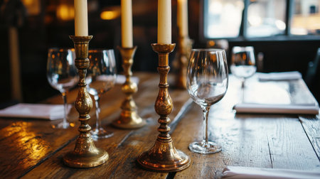 Vintage brass candlestick holders on a distressed wood dining table with old wine glassesの素材