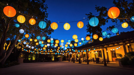 Vibrant paper lanterns hanging above a courtyard during a cultural celebrationの素材