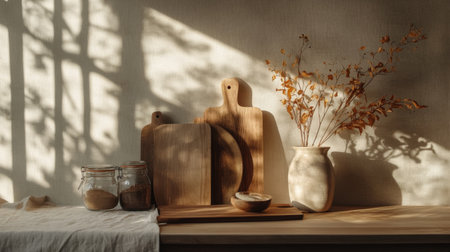 Rustic kitchen decor with wooden boards, ceramic jars, and linen textilesの素材