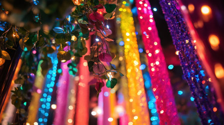 Vibrant garlands and hanging streamers decorating a party hall with colorful backdropsの素材