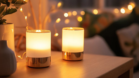 Small decorative table lights with frosted glass shades on wooden sideboardsの素材