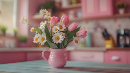 Spring floral arrangement on a kitchen island with tulips, daisies, and pastel-colored decorの素材