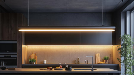 Sleek hanging tube lights suspended above a monochrome interior kitchenの素材
