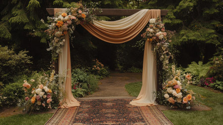Rustic wedding ceremony arch decorated with flowing fabric and floral arrangementsの素材