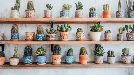 Tiny cacti in painted ceramic pots displayed on a wall-mounted shelfの素材