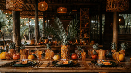 Tropical-themed party with palm leaf decor, tiki lights, and fruit centerpiecesの素材
