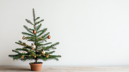 Small tabletop Christmas tree with rustic ornaments and tiny string lightsの素材
