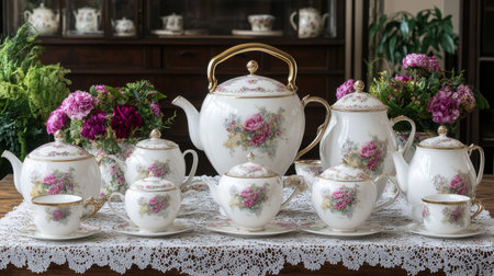 Vintage porcelain tea set with a floral design arranged on a lace-covered tableの素材