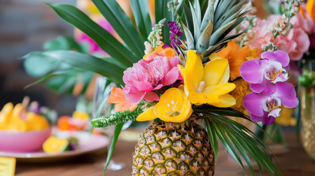 Tropical party decor with palm leaves, pineapple centerpieces, and bright floral arrangementsの素材
