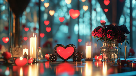 Romantic Valentines Day decor with red roses, heart-shaped items, and glowing candlesの素材