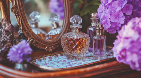 Vintage vanity set with a distressed mirror, old perfume bottles, and a floral pattern trayの素材