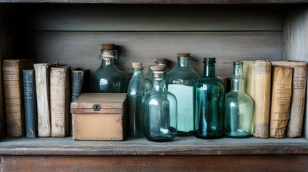 Vintage glass bottles and a tin box arranged on a wooden shelf with old books and papersの素材