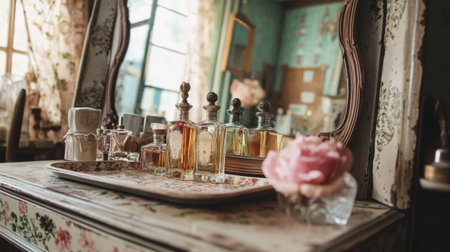Vintage vanity set with a distressed mirror, old perfume bottles, and a floral pattern trayの素材