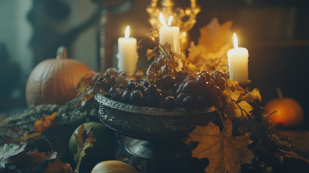 Seasonal centerpiece with autumnal tones, candles, and natural textures on a dining tableの素材