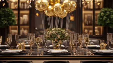Stylish black and gold themed party room with elegant tableware and balloonsの素材