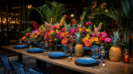 Tropical party decor with palm leaves, pineapple centerpieces, and bright floral arrangementsの素材
