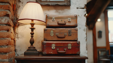 Vintage suitcases stacked in a corner next to an old-fashioned table lampの素材