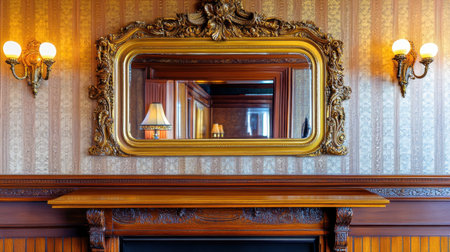 Vintage gold-framed mirror with ornate detailing above a wooden console tableの素材