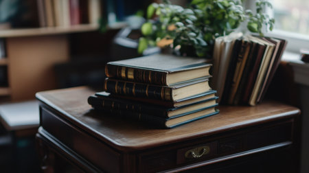 Vintage wooden writing desk with brass details and old books stacked on topの素材