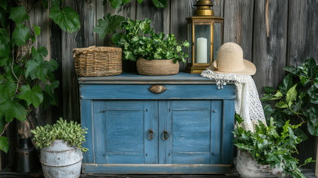 Weathered wooden chest with vintage accessories and a brass lantern on topの素材