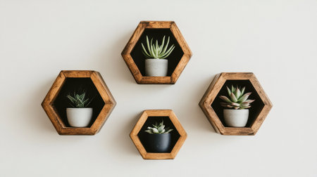 Wall-mounted hexagon shelves with tiny decor objects and succulentsの素材