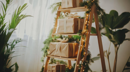 Wooden ladder shelf with stacked wrapped gifts, greenery, and string lights for holidayの素材