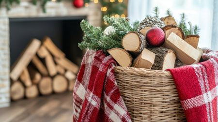 Wicker basket filled with firewood, plaid blanket, and a few Christmas baubles beside fireplaceの素材