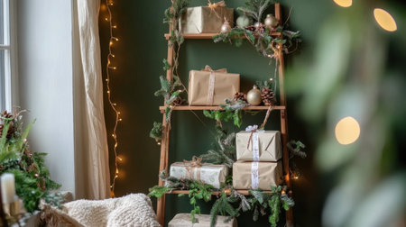 Wooden ladder shelf with stacked wrapped gifts, greenery, and string lights for holidayの素材