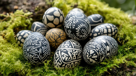 Artistic black and white Easter eggs with tribal or tattoo-style patternsの素材