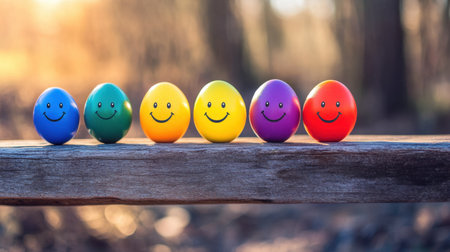 A row of colorful Easter eggs with smiley faces on a wooden benchの素材