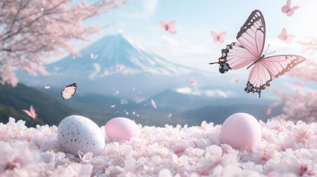 A springtime setting with pastel eggs, blooming flowers, and delicate butterflies resting on the petalsの素材
